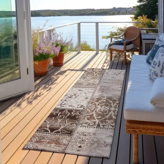 8' Runner Taupe and Ivory Patchwork Washable Non Skid Indoor Outdoor Runner Rug Photo 8