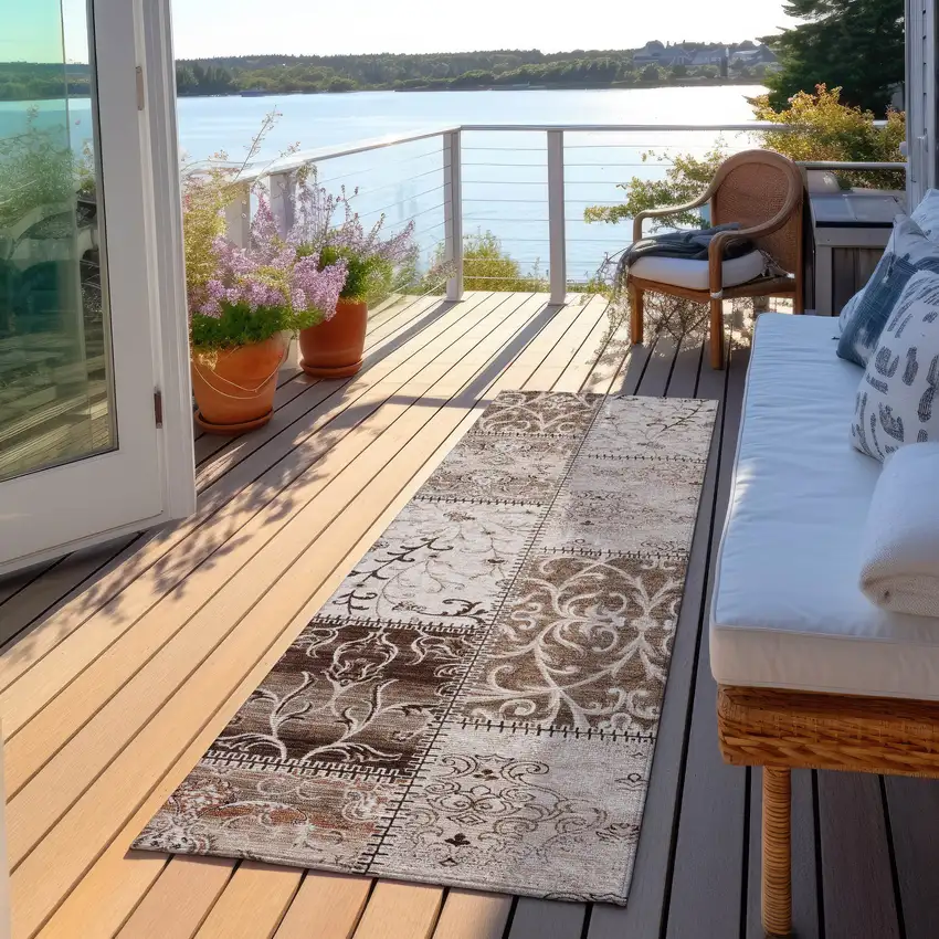 8' Runner Taupe and Ivory Patchwork Washable Non Skid Indoor Outdoor Runner Rug Photo 8