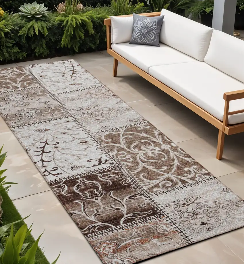 Taupe and Ivory Patchwork Washable Non Skid Indoor Outdoor Runner Rug Photo 1