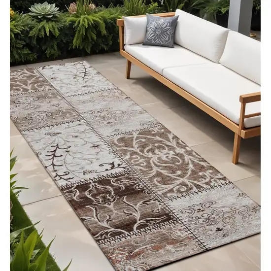 Taupe and Ivory Patchwork Washable Non Skid Indoor Outdoor Runner Rug Photo 1