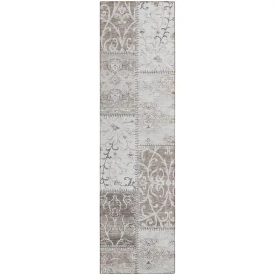Taupe and Ivory Patchwork Washable Non Skid Indoor Outdoor Runner Rug Photo 2