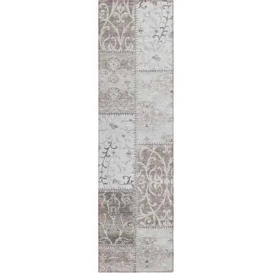 Taupe and Ivory Patchwork Washable Non Skid Indoor Outdoor Runner Rug Photo 2