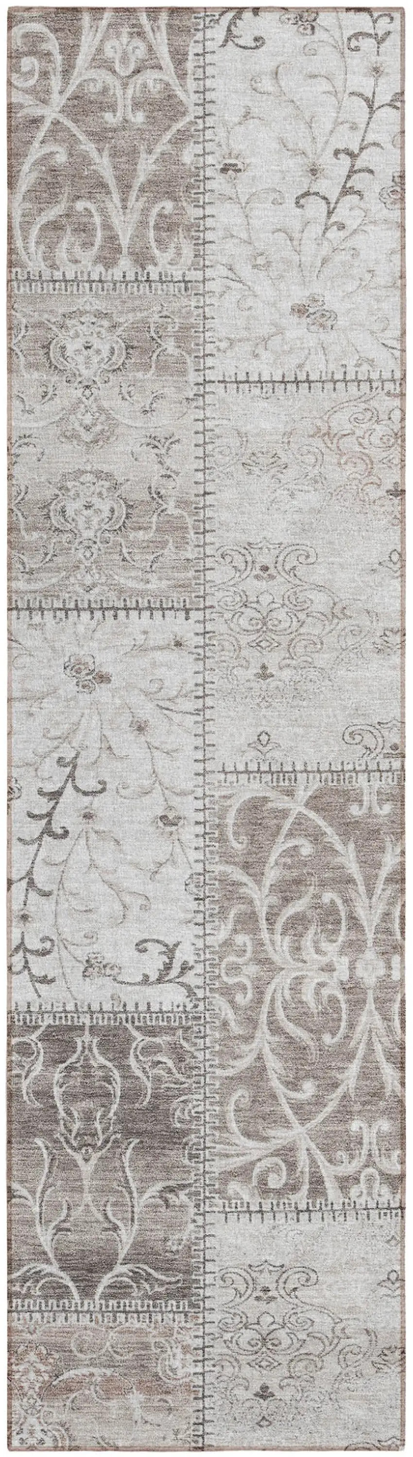 Taupe and Ivory Patchwork Washable Non Skid Indoor Outdoor Runner Rug Photo 2