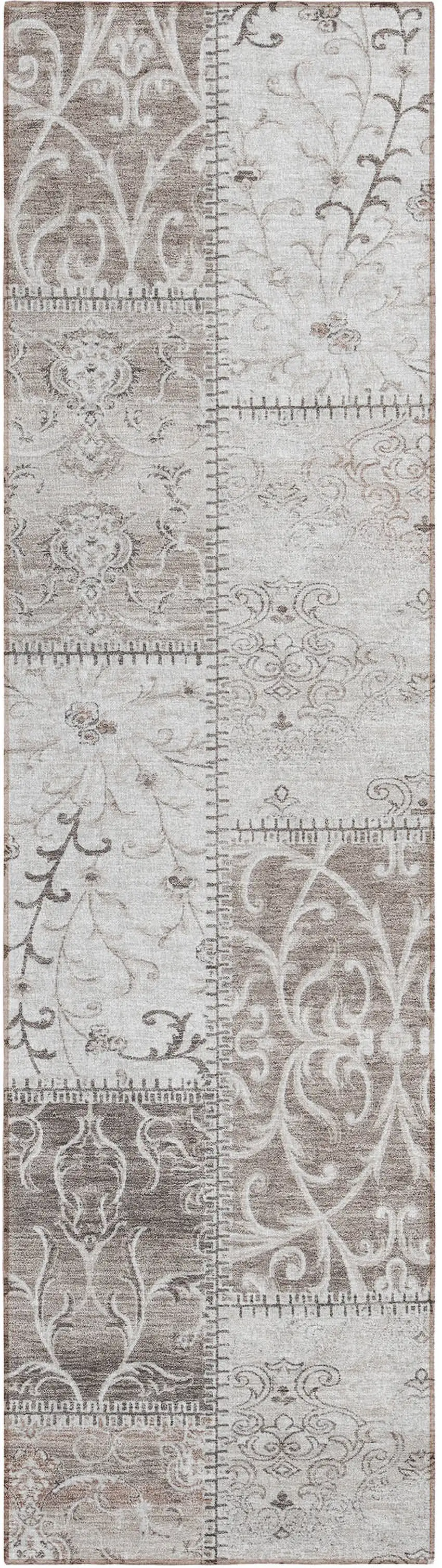 Taupe and Ivory Patchwork Washable Non Skid Indoor Outdoor Runner Rug Photo 2