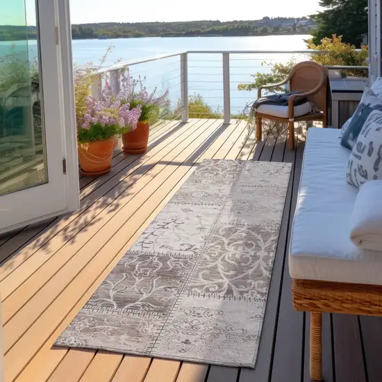 Taupe and Ivory Patchwork Washable Non Skid Indoor Outdoor Runner Rug Photo 8