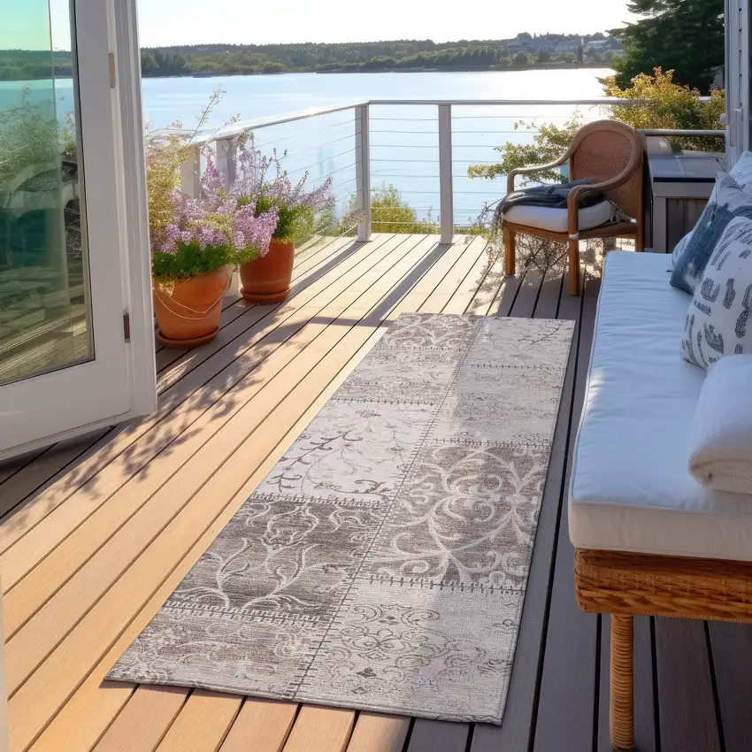 Taupe and Ivory Patchwork Washable Non Skid Indoor Outdoor Runner Rug Photo 8