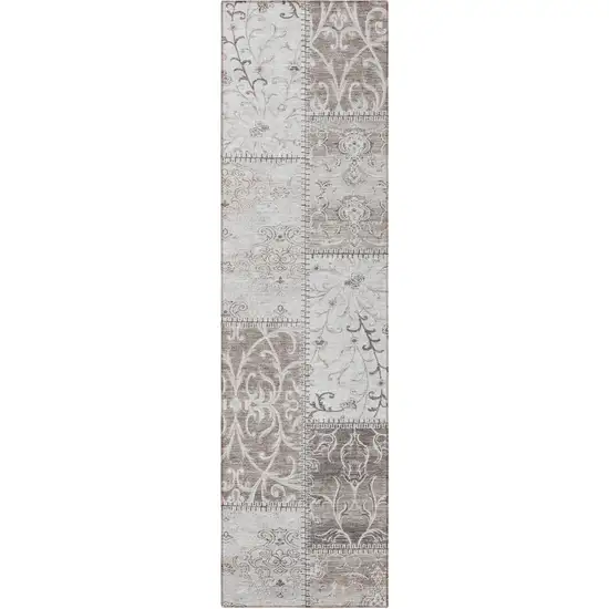 Taupe and Ivory Patchwork Washable Non Skid Indoor Outdoor Runner Rug Photo 5