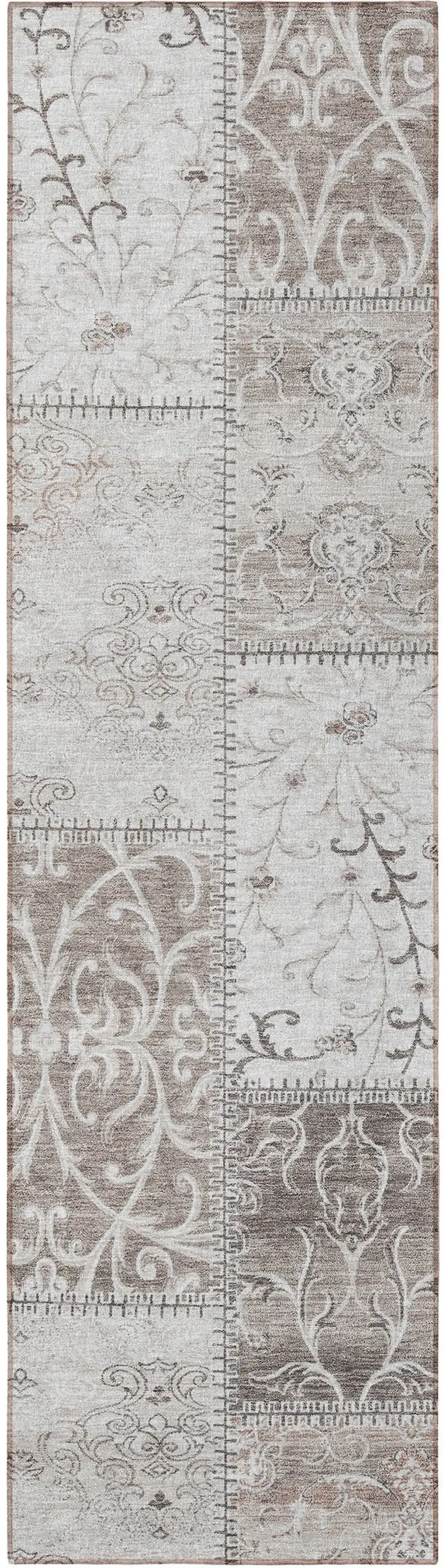 Taupe and Ivory Patchwork Washable Non Skid Indoor Outdoor Runner Rug Photo 5