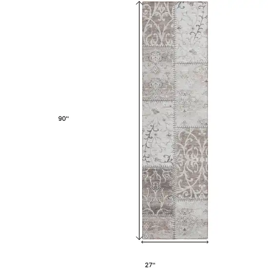 Taupe and Ivory Patchwork Washable Non Skid Indoor Outdoor Runner Rug Photo 3