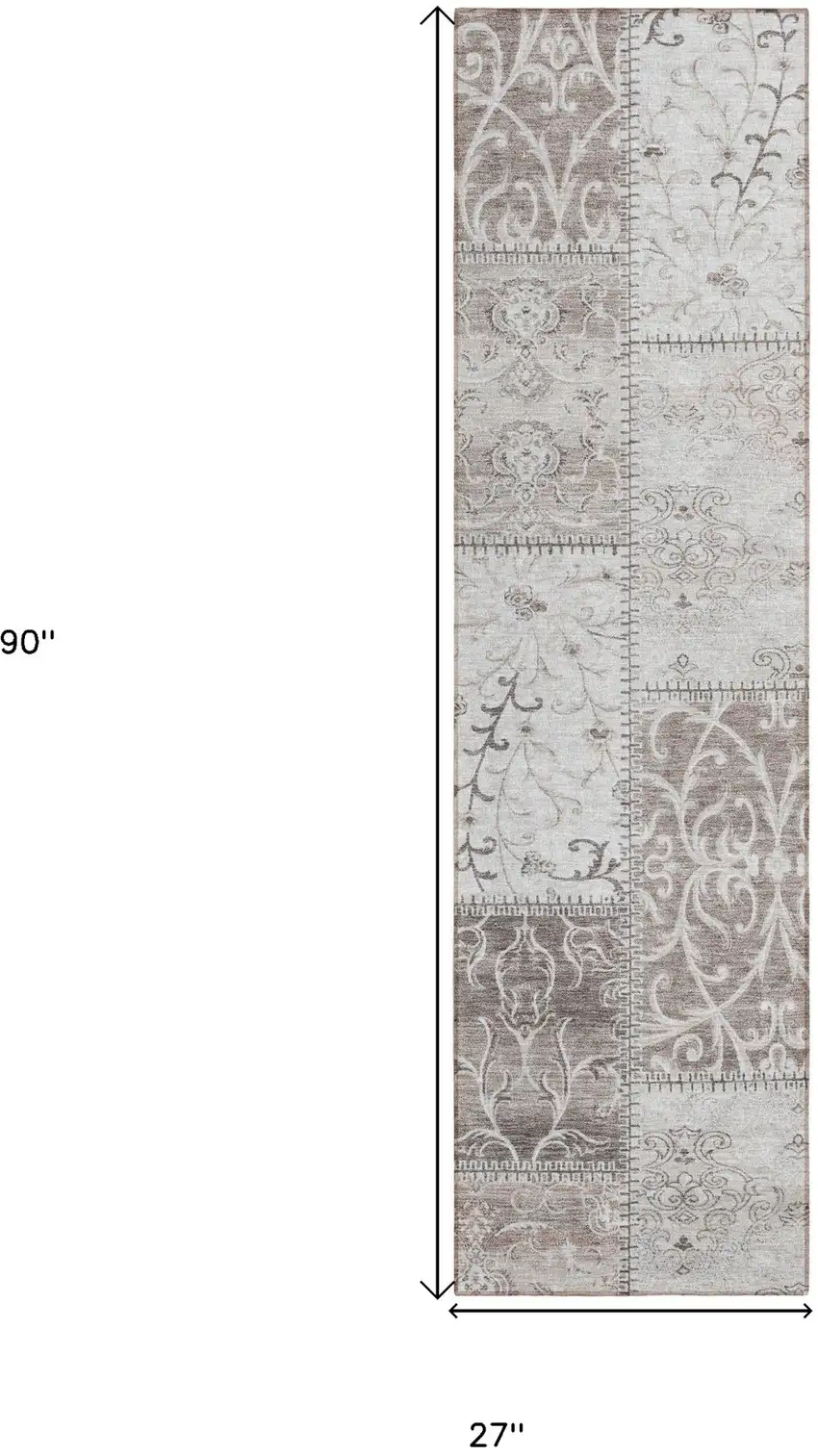 Taupe and Ivory Patchwork Washable Non Skid Indoor Outdoor Runner Rug Photo 3