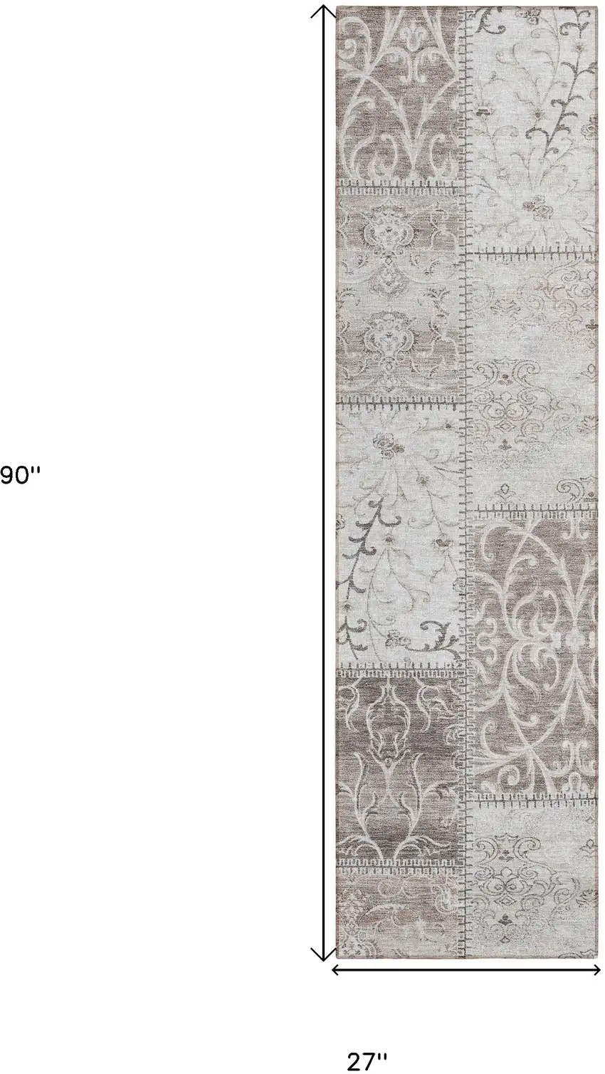 Taupe and Ivory Patchwork Washable Non Skid Indoor Outdoor Runner Rug Photo 3