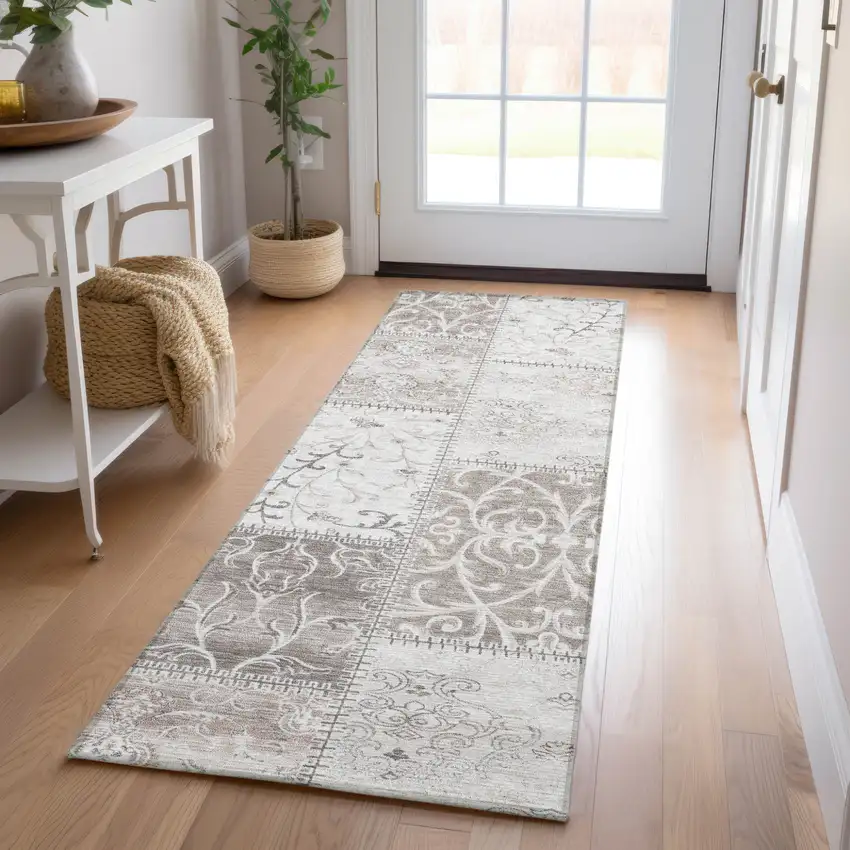 8' Runner Taupe and Ivory Patchwork Washable Non Skid Indoor Outdoor Runner Rug Photo 9