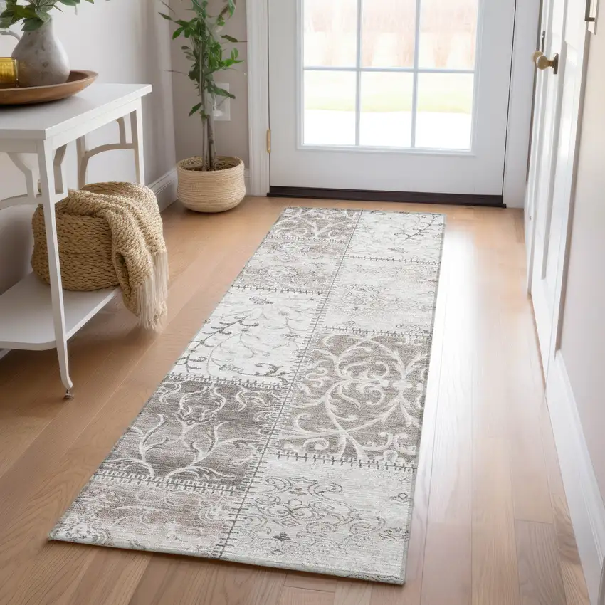 8' Runner Taupe and Ivory Patchwork Washable Non Skid Indoor Outdoor Runner Rug Photo 9