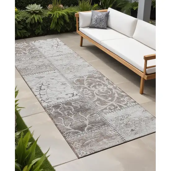 Taupe and Ivory Patchwork Washable Non Skid Indoor Outdoor Runner Rug Photo 1