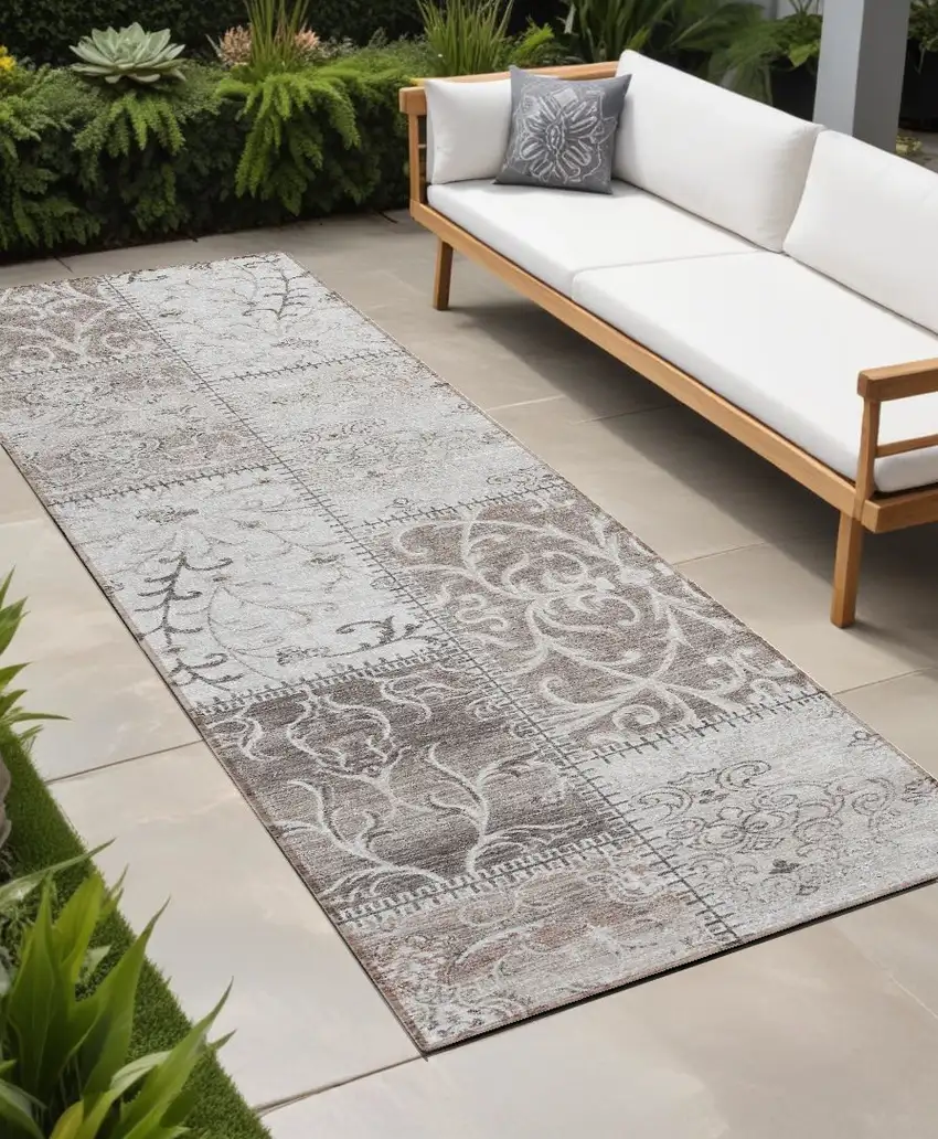 Taupe and Ivory Patchwork Washable Non Skid Indoor Outdoor Runner Rug Photo 1