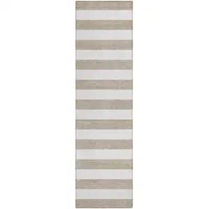Photo of 8' Runner Taupe and White Striped Washable Non Skid Indoor Outdoor Runner Rug