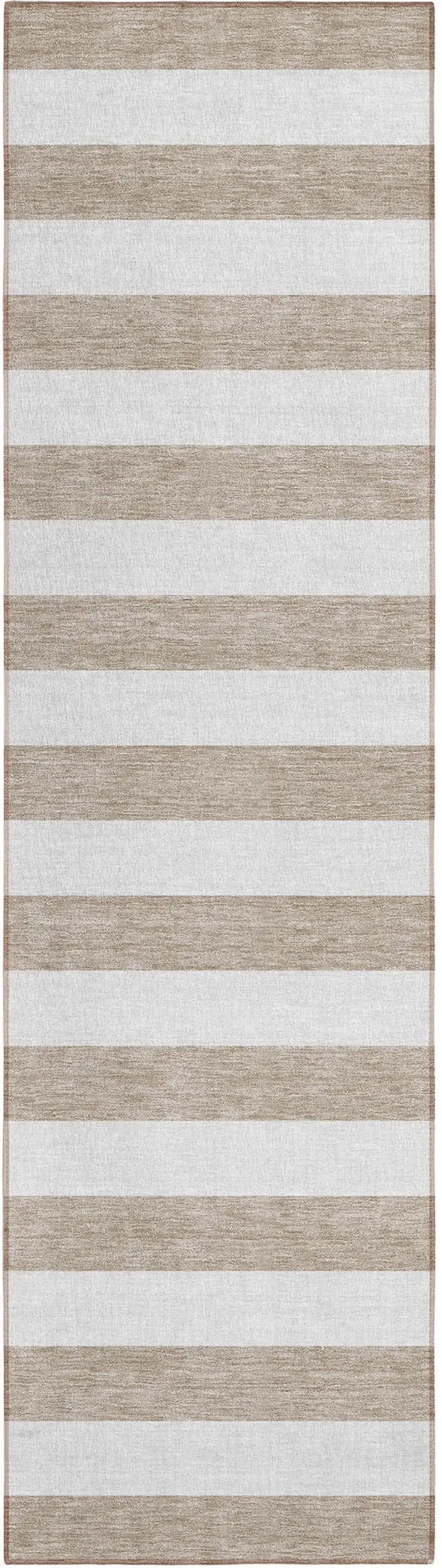 8' Runner Taupe and White Striped Washable Non Skid Indoor Outdoor Runner Rug Photo 1