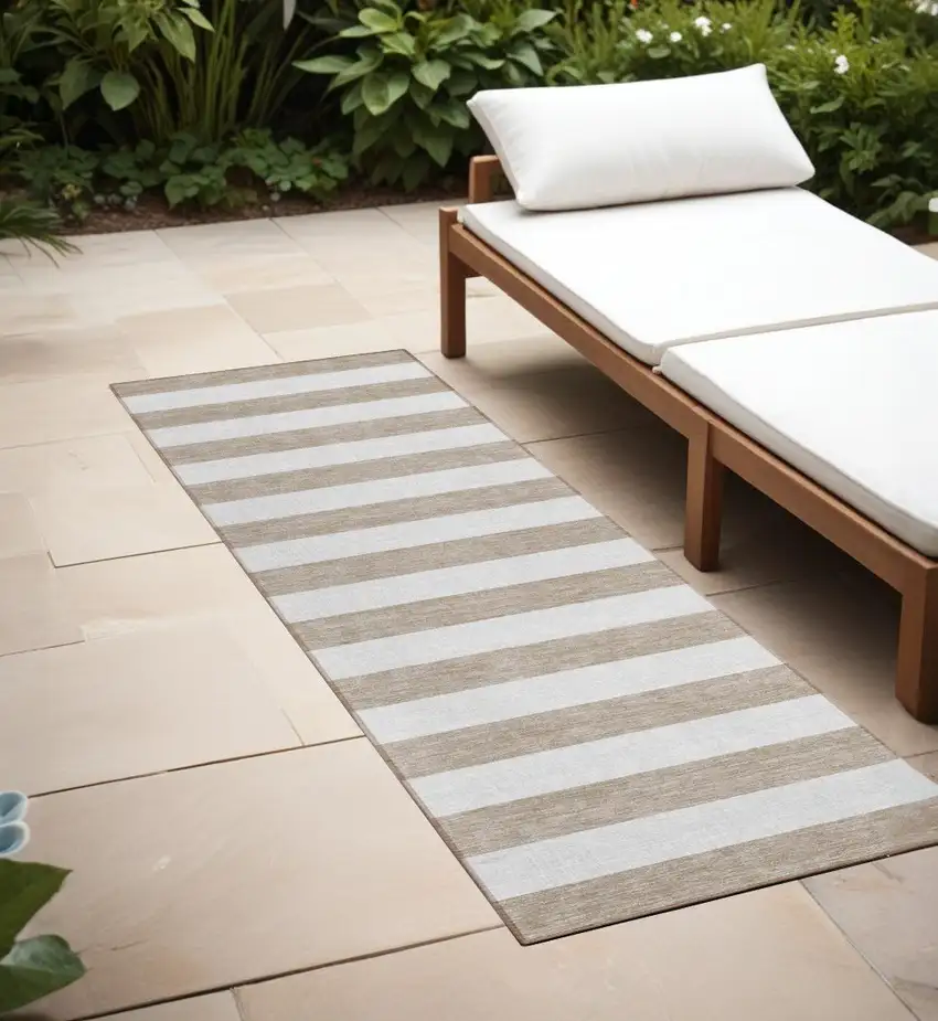 Taupe and White Striped Washable Indoor Outdoor Runner Rug Photo 1