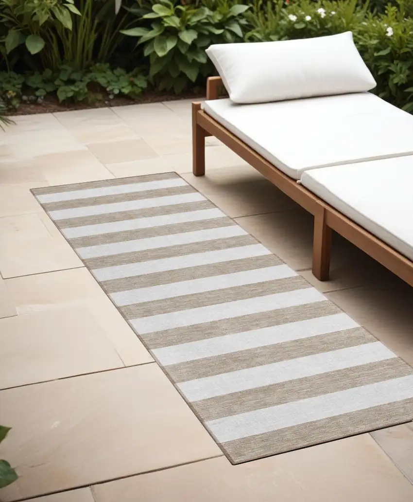 Taupe and White Striped Washable Indoor Outdoor Runner Rug Photo 1