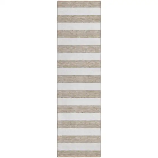 Taupe and White Striped Washable Indoor Outdoor Runner Rug Photo 2