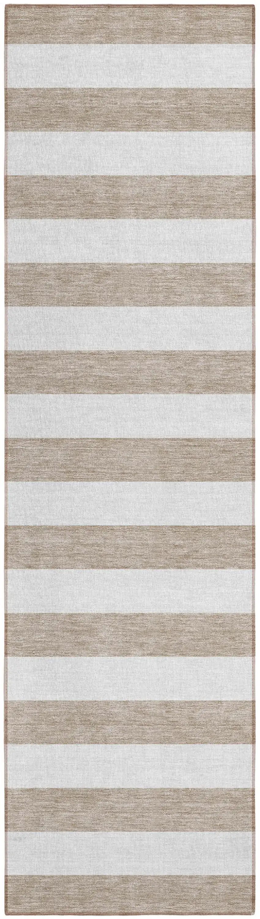 Taupe and White Striped Washable Indoor Outdoor Runner Rug Photo 2