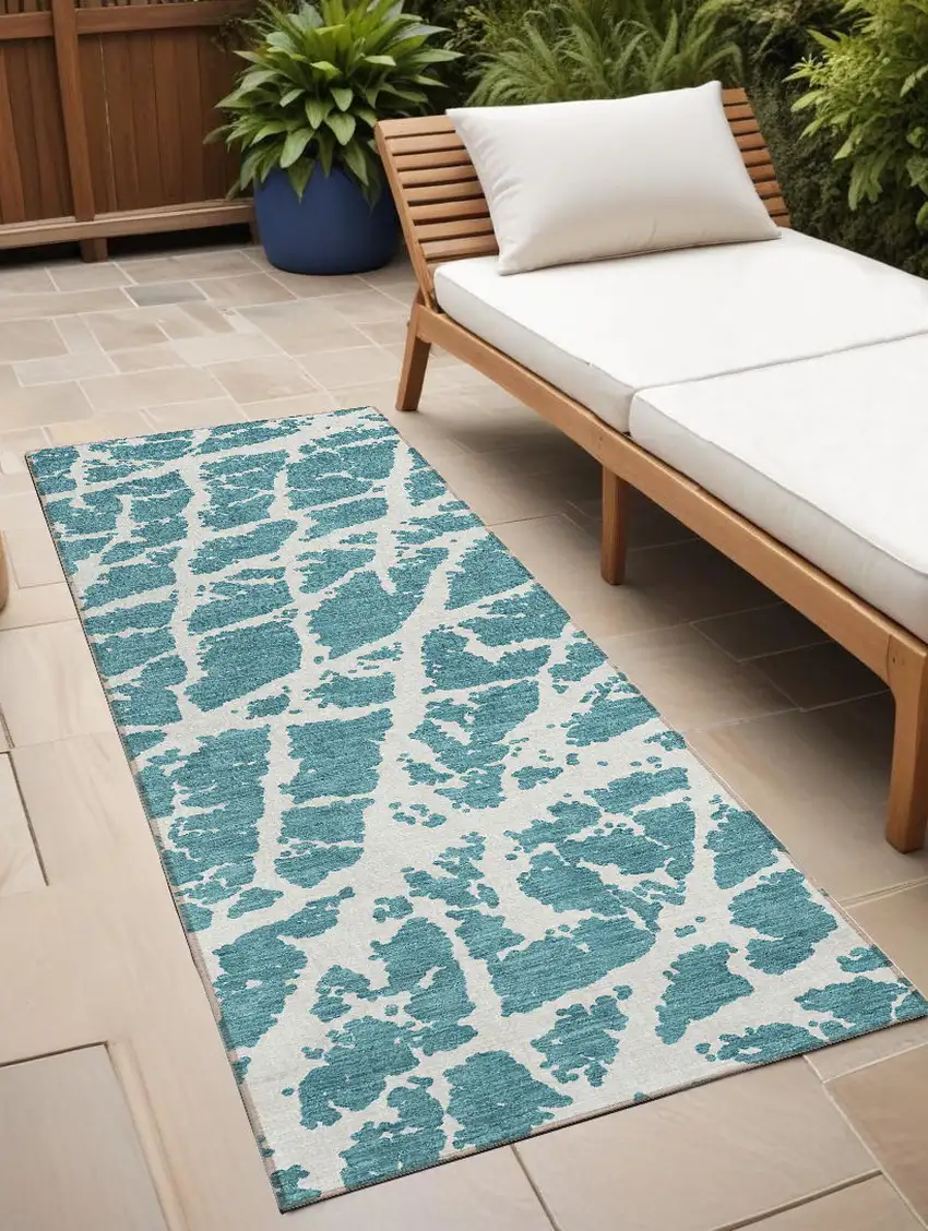 8' Runner Teal Abstract Washable Non Skid Indoor Outdoor Runner Rug Photo 1
