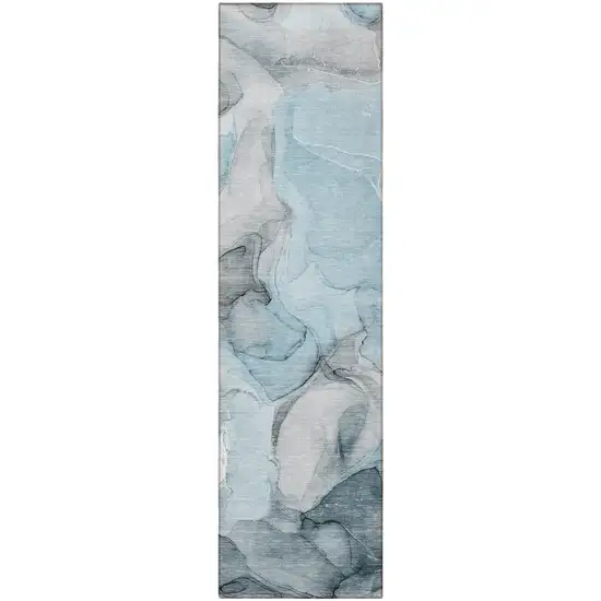 8' Runner Teal Abstract Washable Non Skid Indoor Outdoor Runner Rug Photo 4