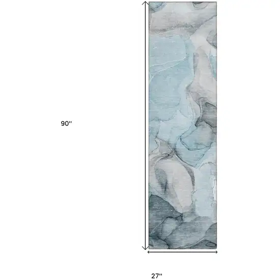 8' Runner Teal Abstract Washable Non Skid Indoor Outdoor Runner Rug Photo 3