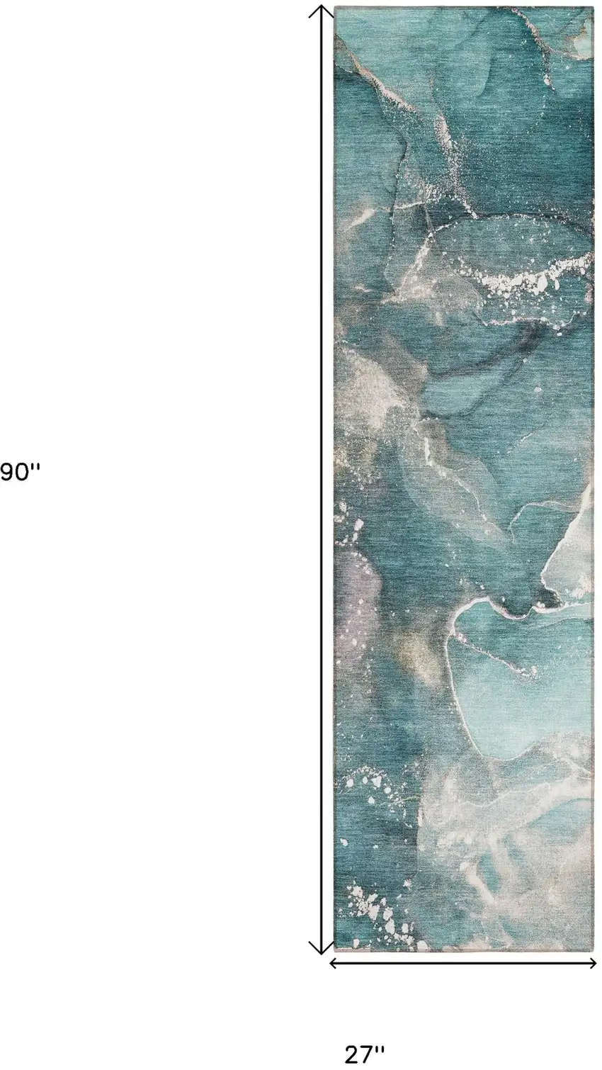 8' Runner Teal Abstract Washable Non Skid Indoor Outdoor Runner Rug Photo 3