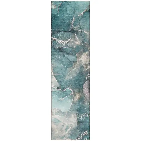 8' Runner Teal Abstract Washable Non Skid Indoor Outdoor Runner Rug Photo 4