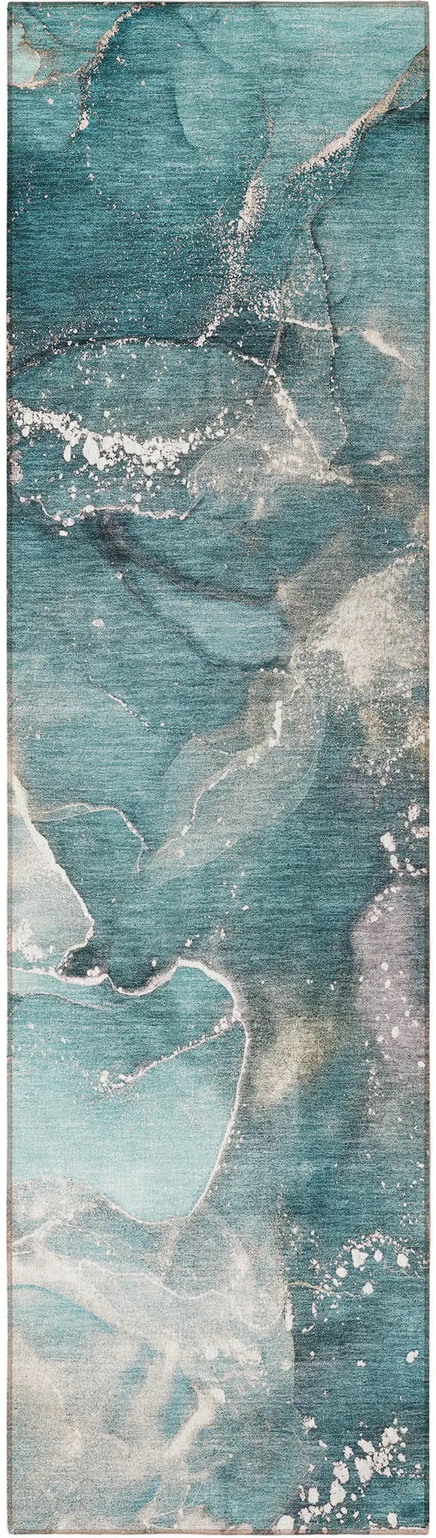 8' Runner Teal Abstract Washable Non Skid Indoor Outdoor Runner Rug Photo 5