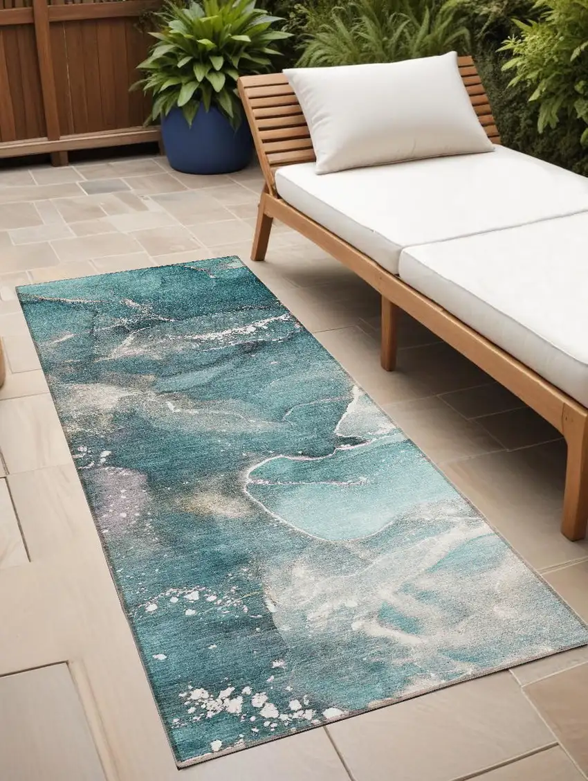 8' Runner Teal Abstract Washable Non Skid Indoor Outdoor Runner Rug Photo 1