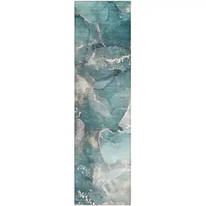 Photo of 8' Runner Teal Abstract Washable Non Skid Indoor Outdoor Runner Rug