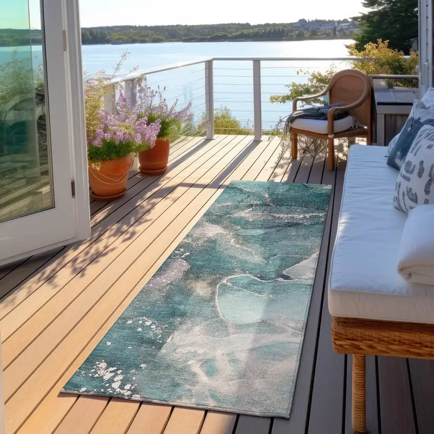 8' Runner Teal Abstract Washable Non Skid Indoor Outdoor Runner Rug Photo 8