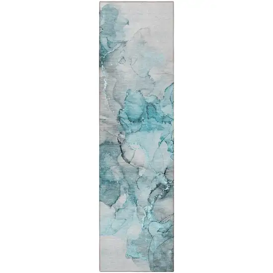 8' Runner Teal Abstract Washable Non Skid Indoor Outdoor Runner Rug Photo 5