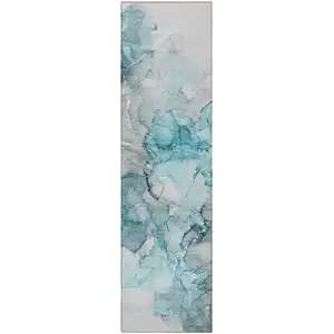 Photo of 8' Runner Teal Abstract Washable Non Skid Indoor Outdoor Runner Rug