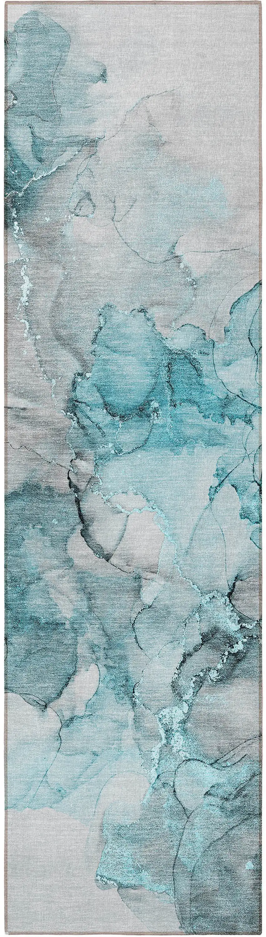 8' Runner Teal Abstract Washable Non Skid Indoor Outdoor Runner Rug Photo 5