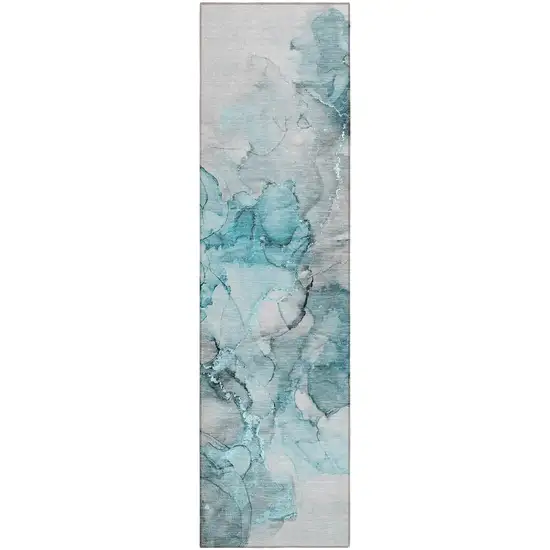 8' Runner Teal Abstract Washable Non Skid Indoor Outdoor Runner Rug Photo 2