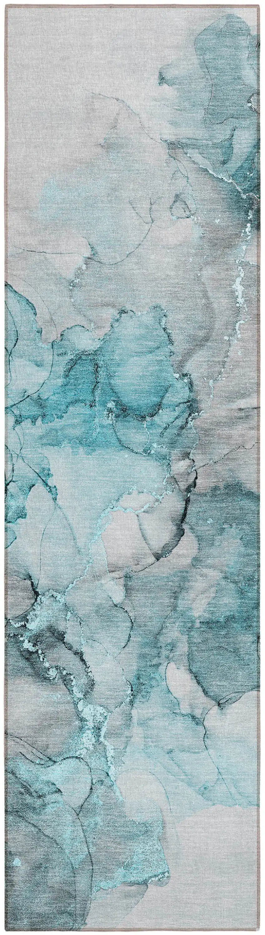 8' Runner Teal Abstract Washable Non Skid Indoor Outdoor Runner Rug Photo 2