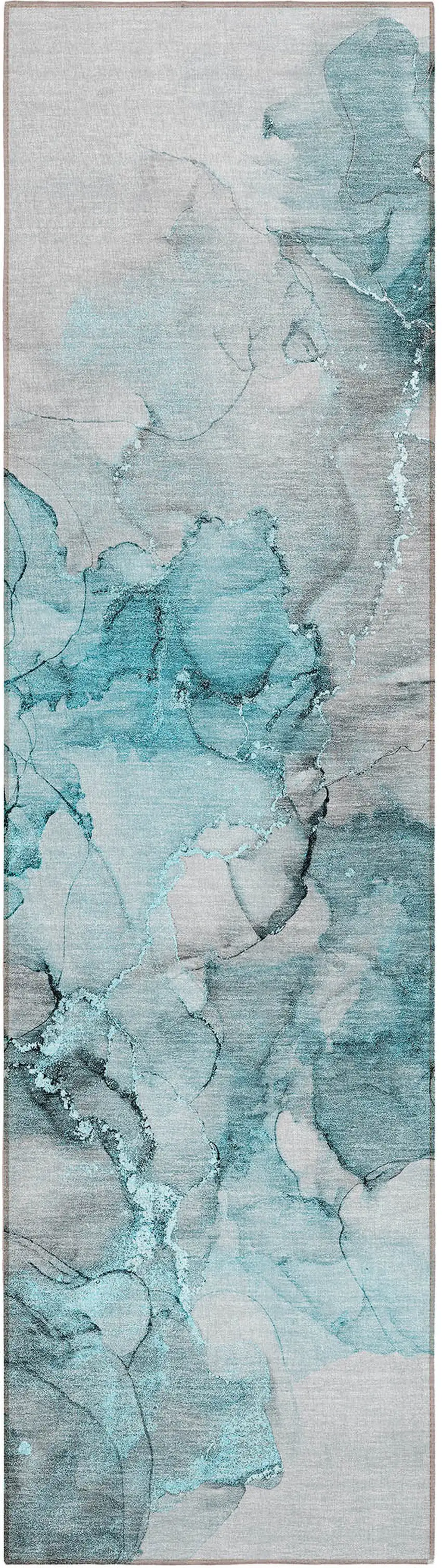 8' Runner Teal Abstract Washable Non Skid Indoor Outdoor Runner Rug Photo 2