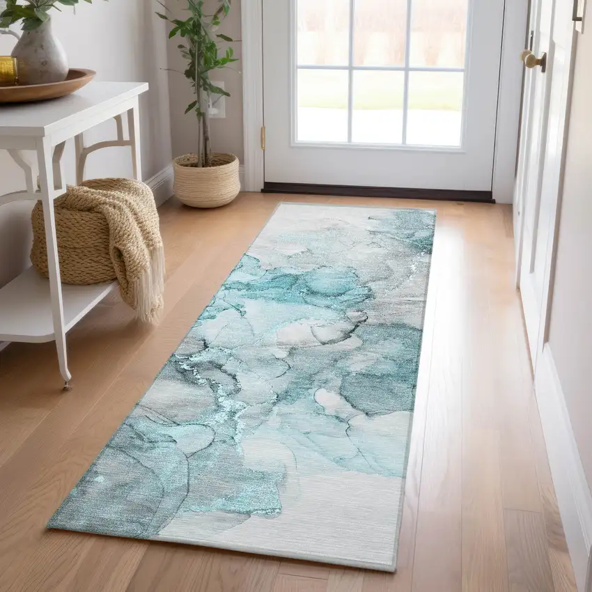 8' Runner Teal Abstract Washable Non Skid Indoor Outdoor Runner Rug Photo 9