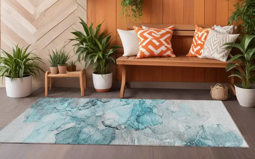 8' Runner Teal Abstract Washable Non Skid Indoor Outdoor Runner Rug Photo 1