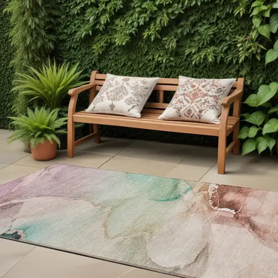 Teal Abstract Washable Non Skid Indoor Outdoor Runner Rug Photo 1