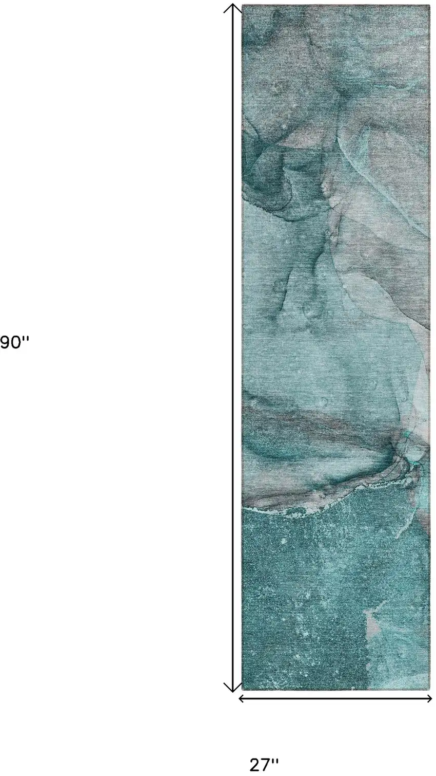 Teal Abstract Washable Indoor Outdoor Runner Rug Photo 3