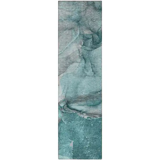 Teal Abstract Washable Indoor Outdoor Runner Rug Photo 4