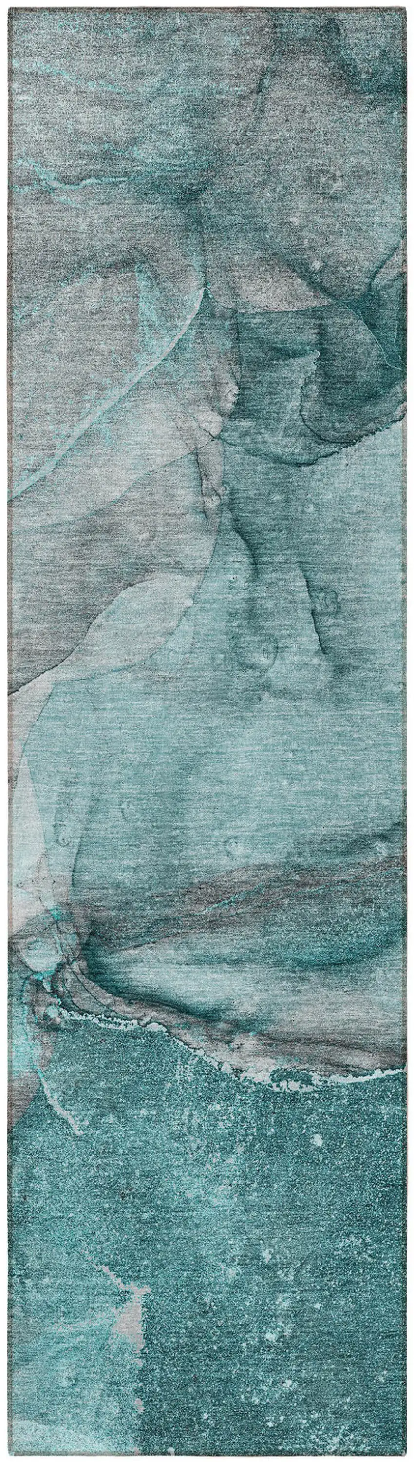 Teal Abstract Washable Indoor Outdoor Runner Rug Photo 4