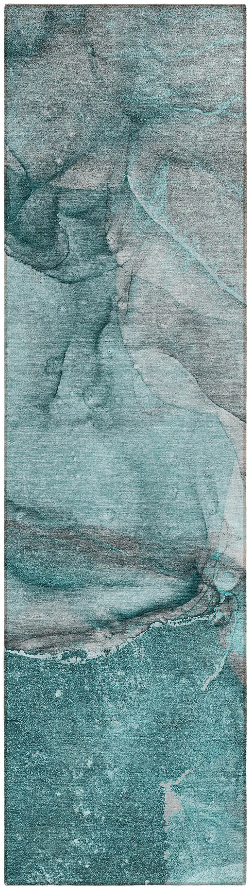 Teal Abstract Washable Indoor Outdoor Runner Rug Photo 1