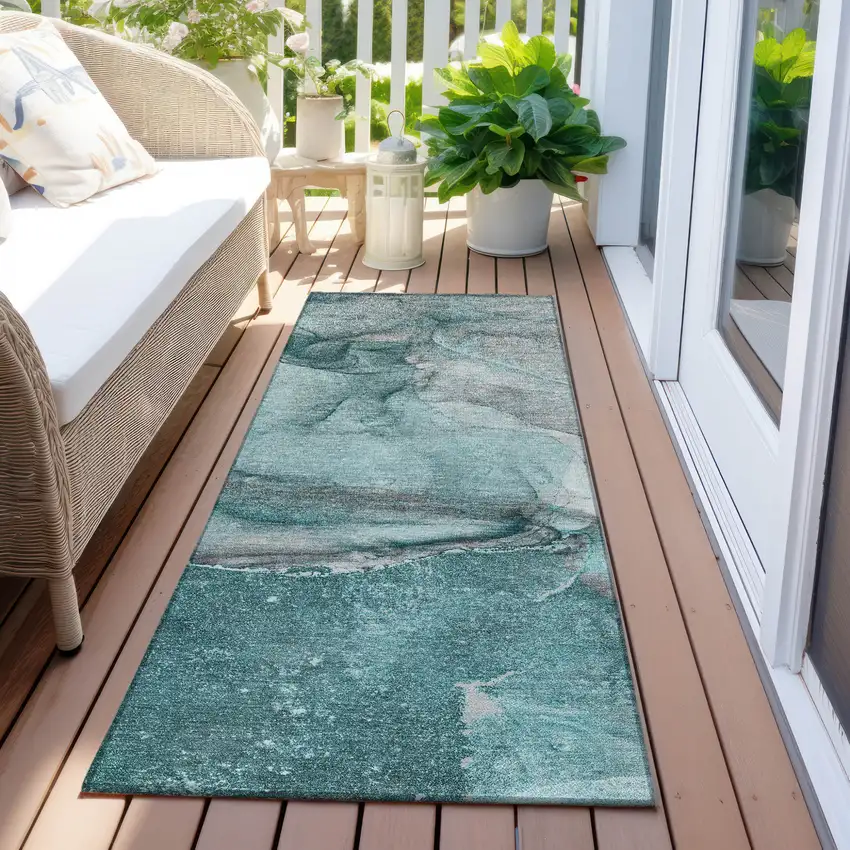 Teal Abstract Washable Indoor Outdoor Runner Rug Photo 8