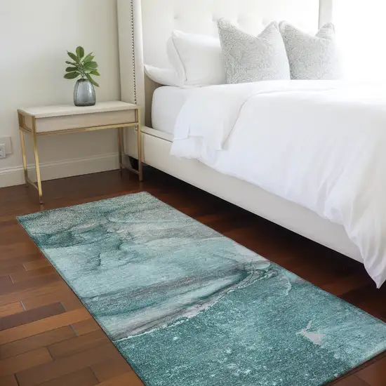Teal Abstract Washable Indoor Outdoor Runner Rug Photo 9