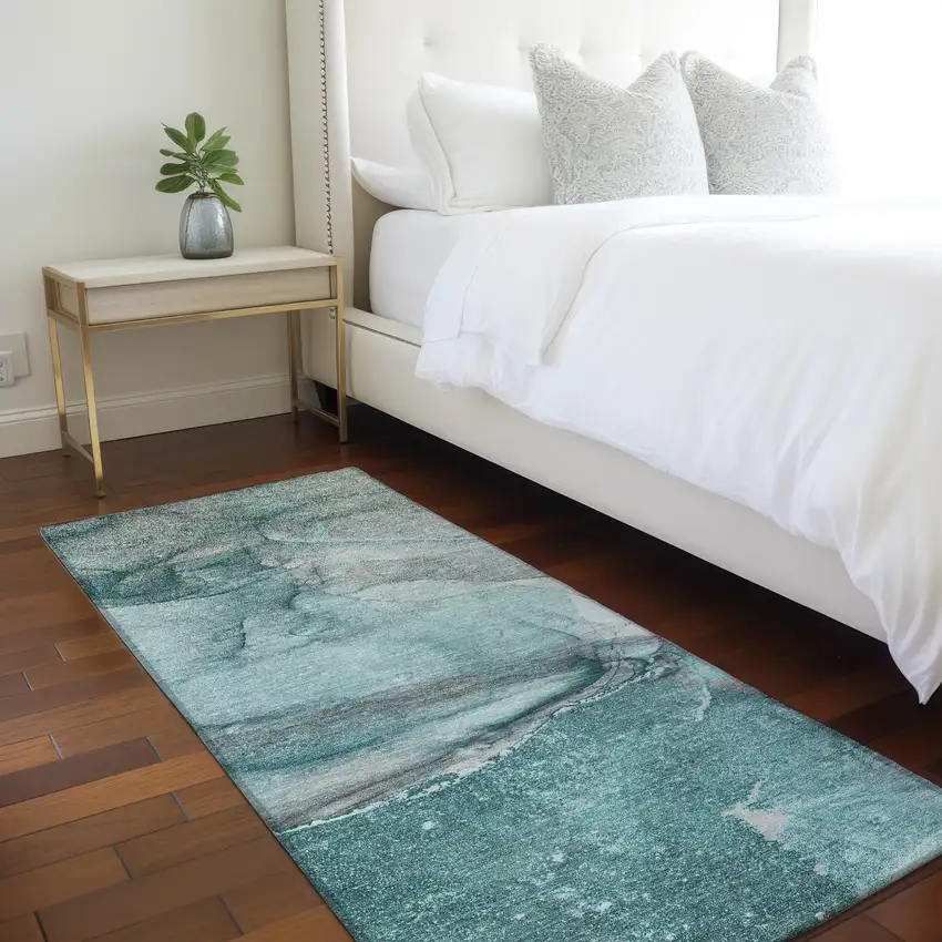 Teal Abstract Washable Indoor Outdoor Runner Rug Photo 9